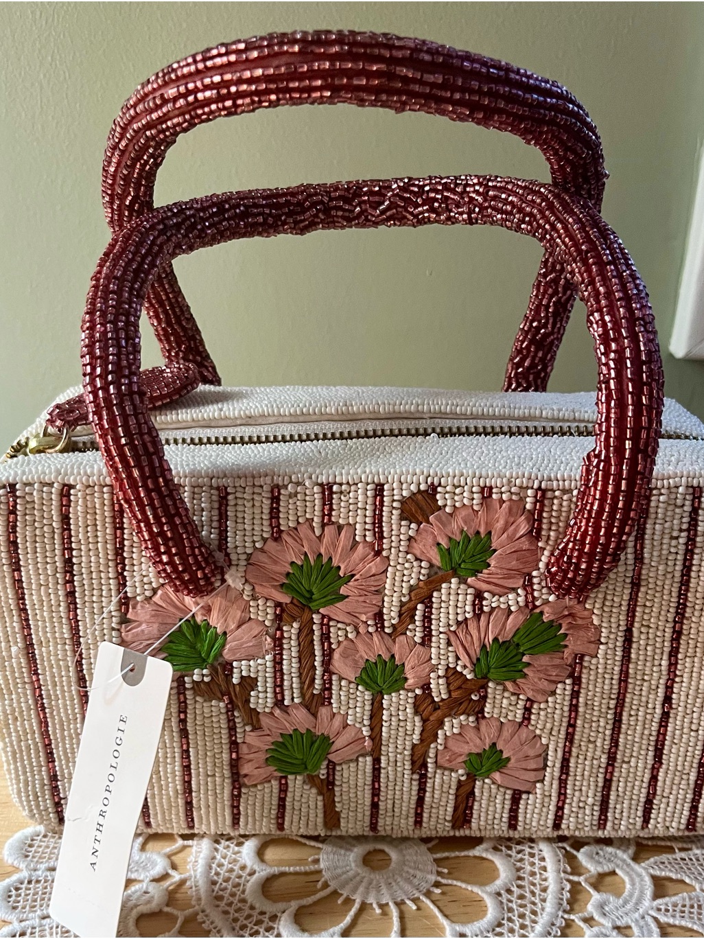 Anthropologie Beaded Floral Tote In Cream, Rose And Green